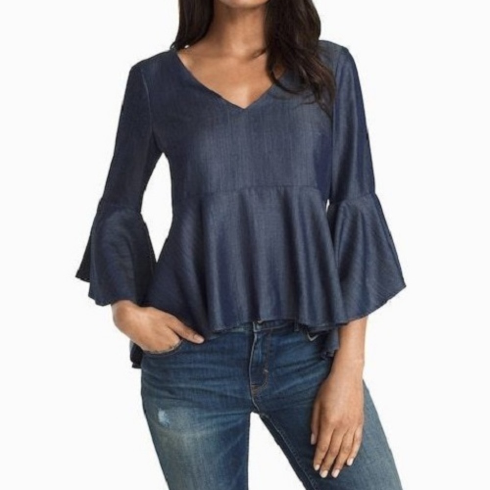denim chambray bell sleeves empire blouse top - Picture 4 of 4